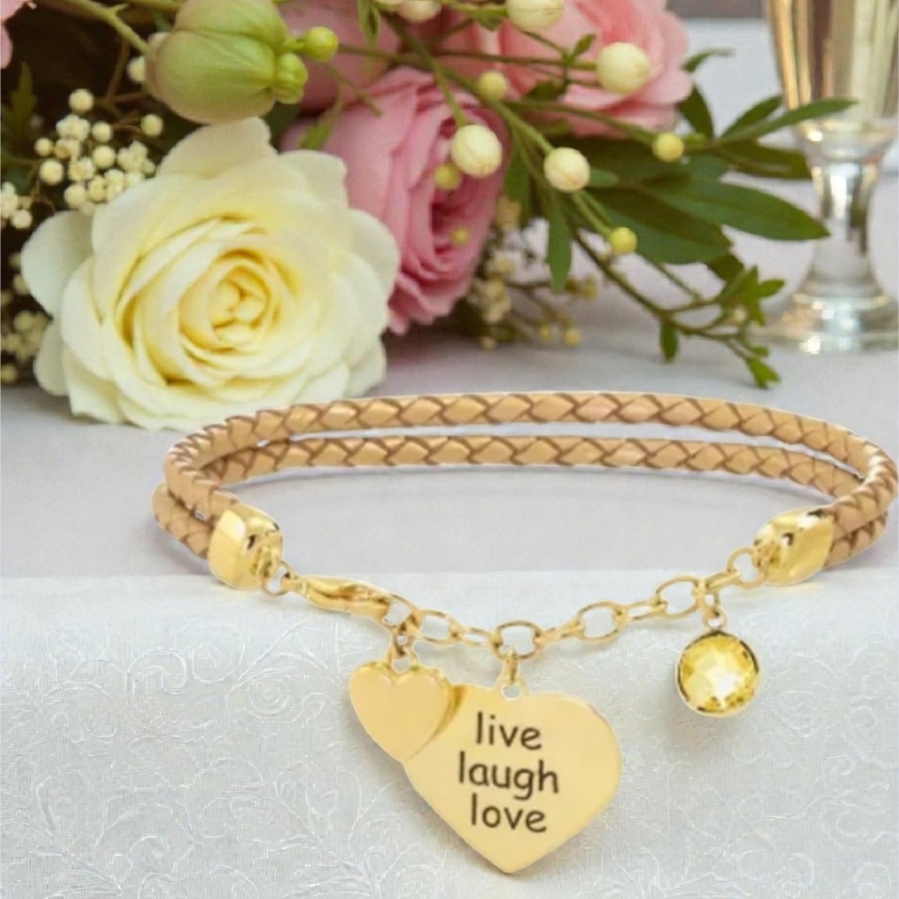 NIB Gold Heart Charm 14kt Gold Plated Adjustable Bracelet "Live,laugh,love"